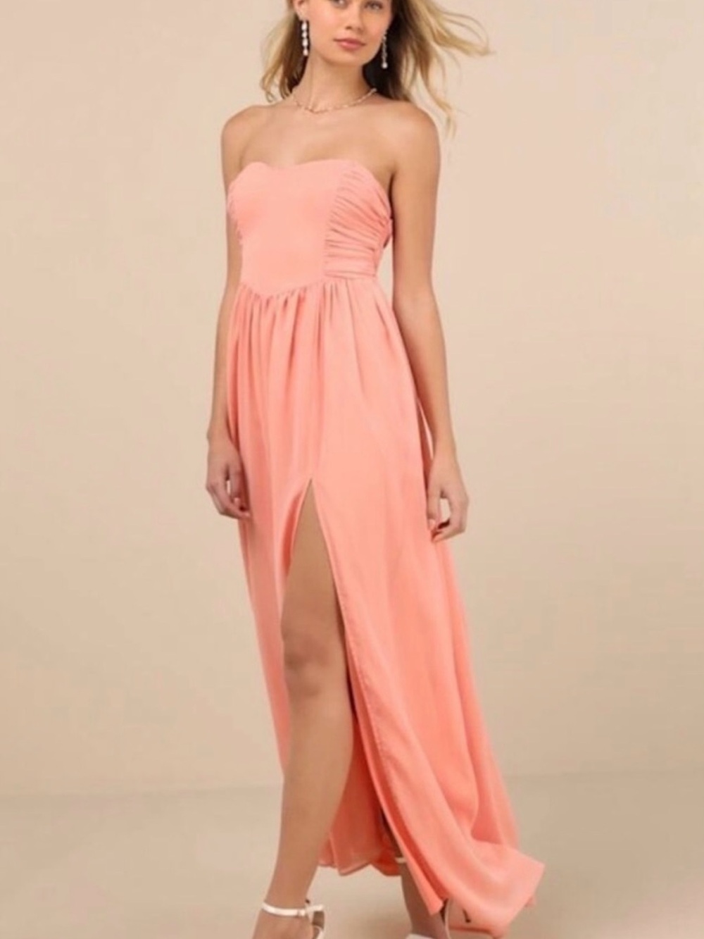 Lulu's Strapless Coral Pink Maxi Gown with Front Slit